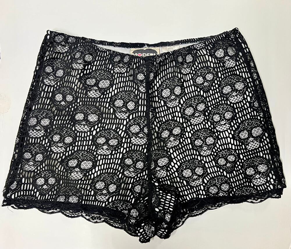 Modern Lux Skull Pattern Black Lace Overlay Shorts – Size Medium